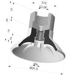 Ventouse plate série 99 Ø 31.5 mm avec insert femelle G1/8" et filtre